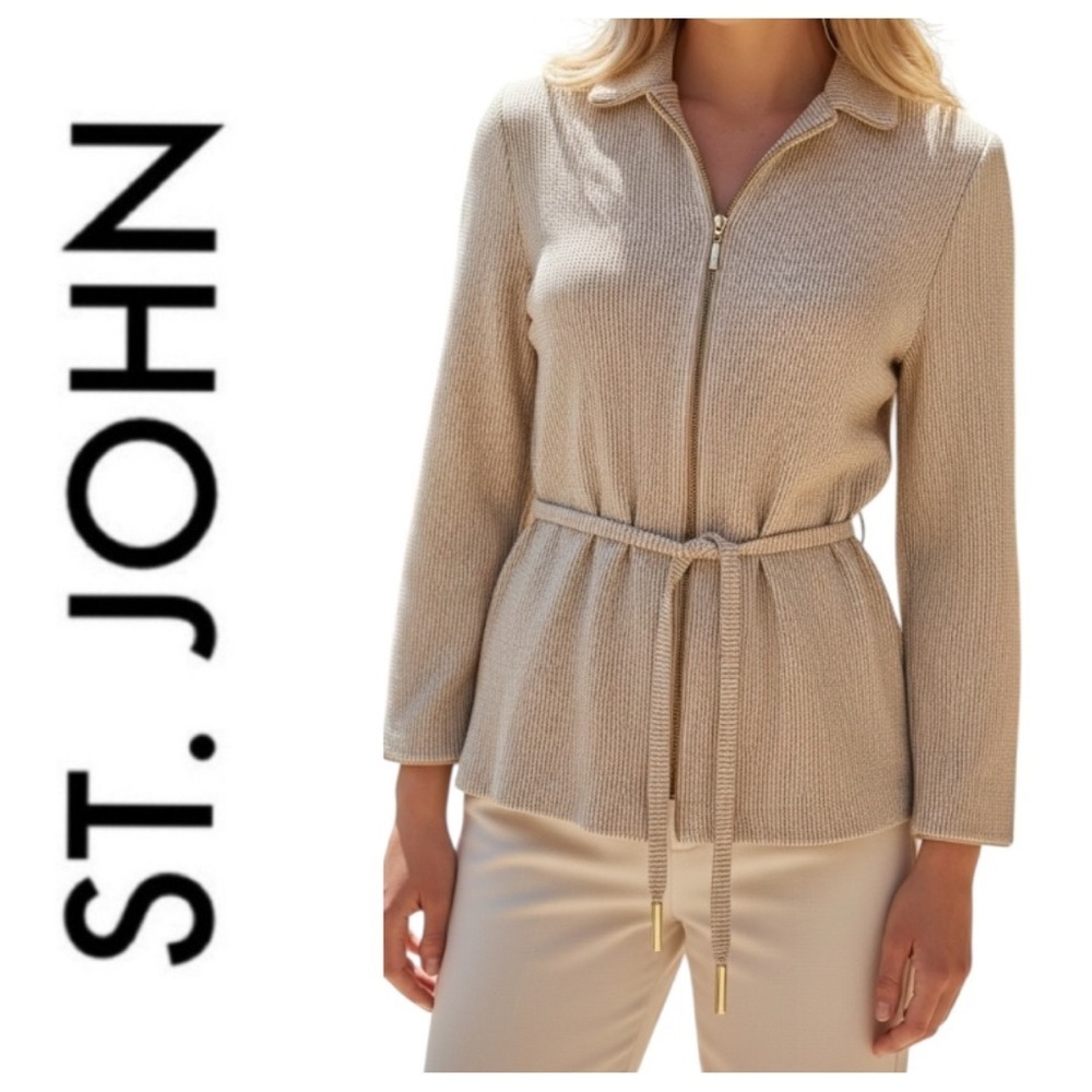 St. John Collection Vintage Beige Ribbed Knit Zip Jacket Belted Cardigan Size 6